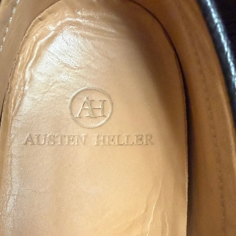 Austen Heller Black Pebble Leather Penny Loafers with Tan Insole